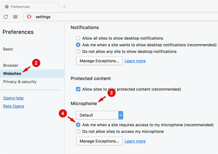 allow mic in opera 2